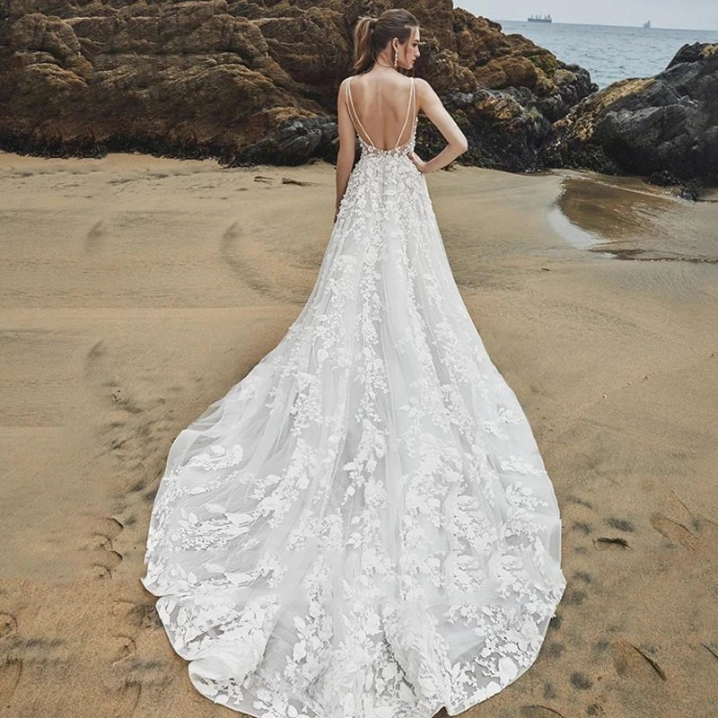 Sleeveless V-Neck Spaghetti-Strap Lace A-Line Wedding Dress - Luzilly Bridal & Apparel