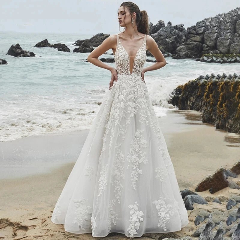 Sleeveless V-Neck Spaghetti-Strap Lace A-Line Wedding Dress - Luzilly Bridal & Apparel