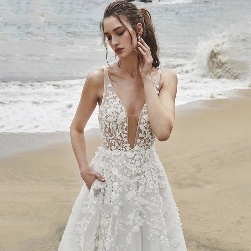 Sleeveless V-Neck Spaghetti-Strap Lace A-Line Wedding Dress - Luzilly Bridal & Apparel