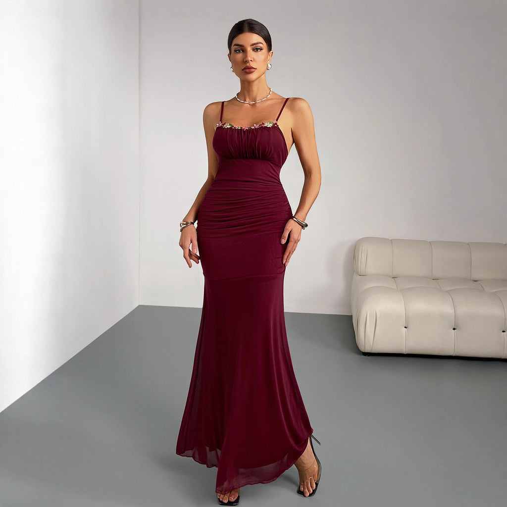 Slim Fit Fishtail Dress Women Sling Pleating Dress Slim Fit Sexy Party Party Wedding Bridesmaid - Luzilly Bridal & Apparel
