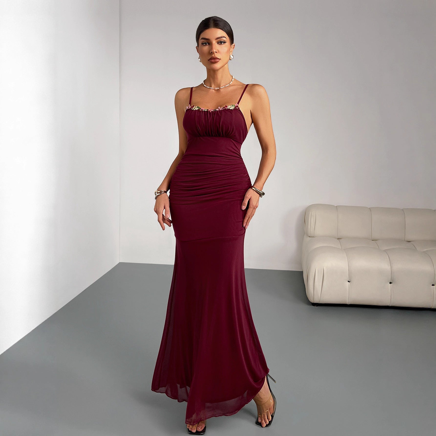 Slim Fit Fishtail Dress Women Sling Pleating Dress Slim Fit Sexy Party Party Wedding Bridesmaid - Luzilly Bridal & Apparel