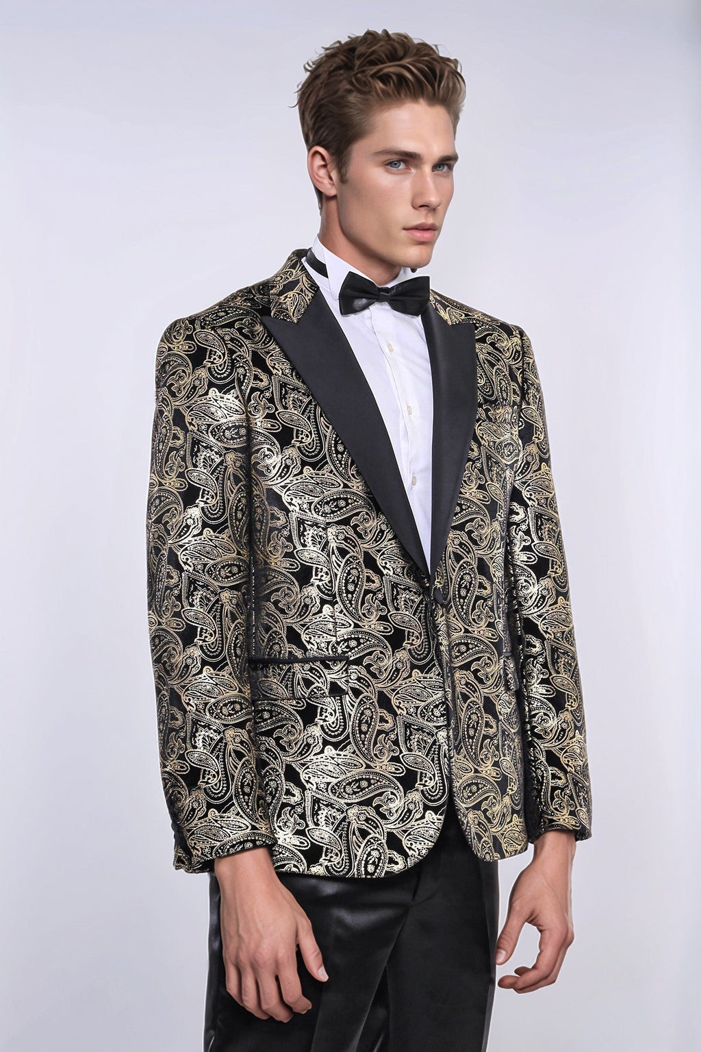 Slim Fit Gold Paisley Patterned Black Men Tuxedo Blazer - Wessi - Luzilly Bridal & Apparel