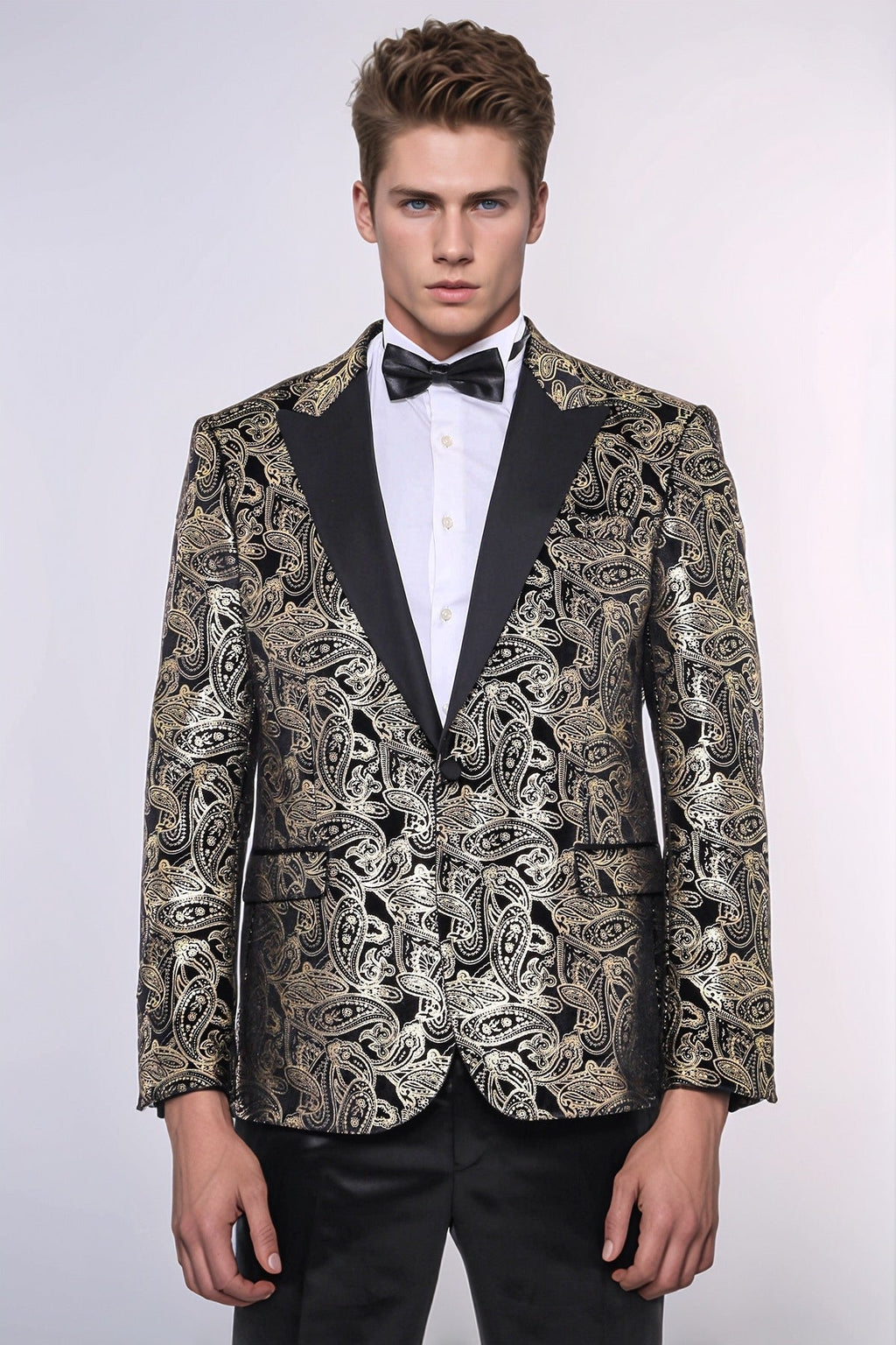 Slim Fit Gold Paisley Patterned Black Men Tuxedo Blazer - Wessi - Luzilly Bridal & Apparel