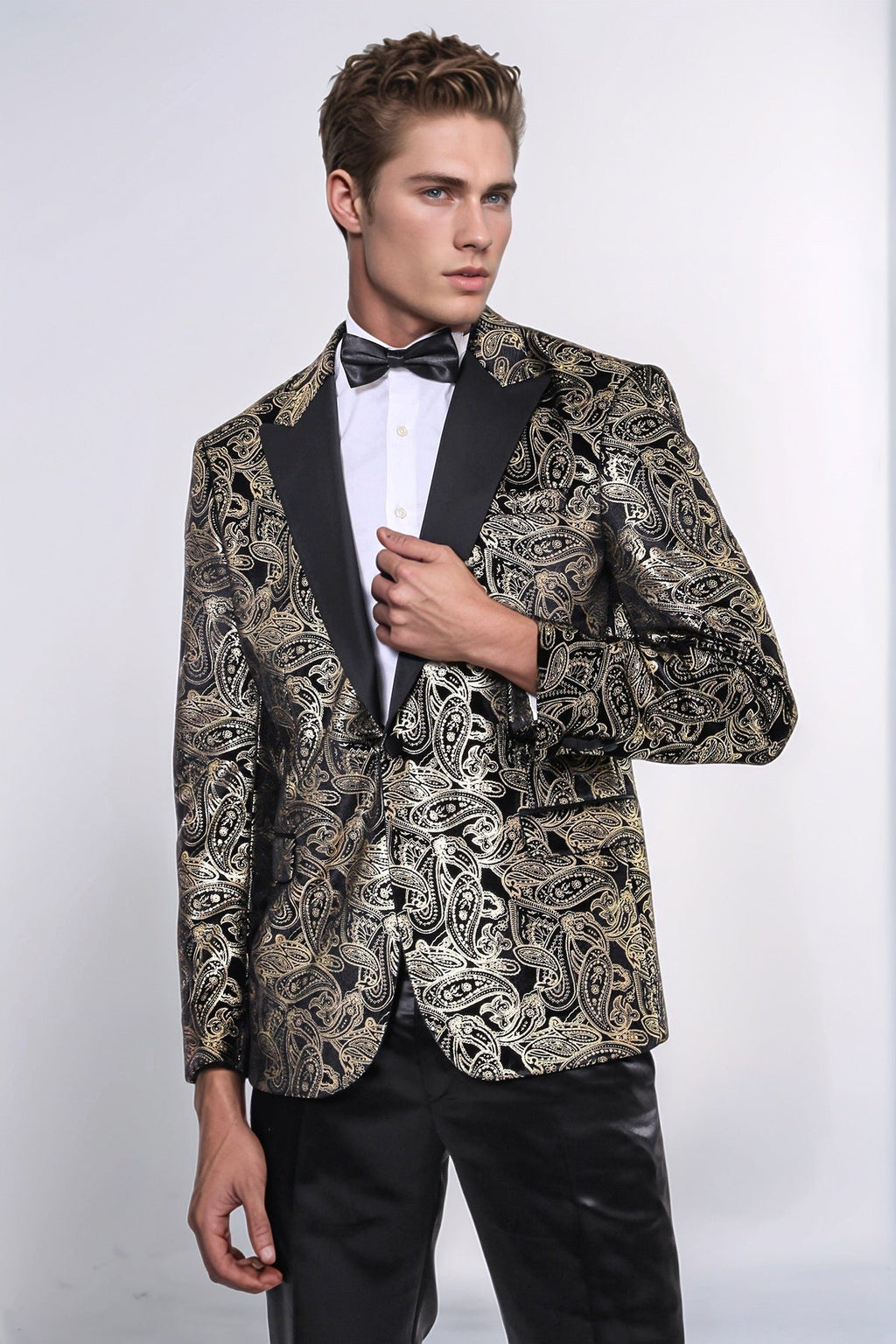 Slim Fit Gold Paisley Patterned Black Men Tuxedo Blazer - Wessi - Luzilly Bridal & Apparel