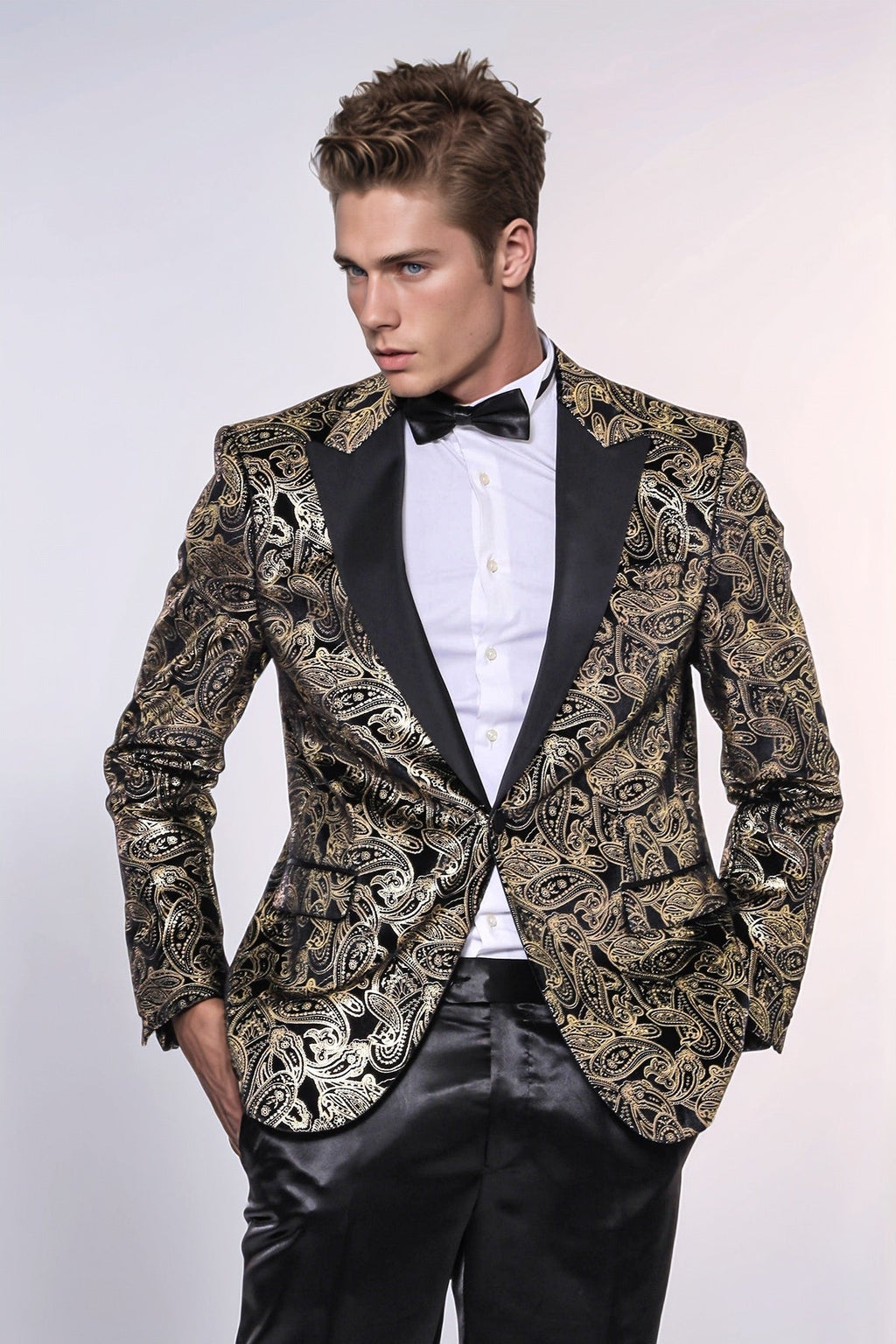 Slim Fit Gold Paisley Patterned Black Men Tuxedo Blazer - Wessi - Luzilly Bridal & Apparel