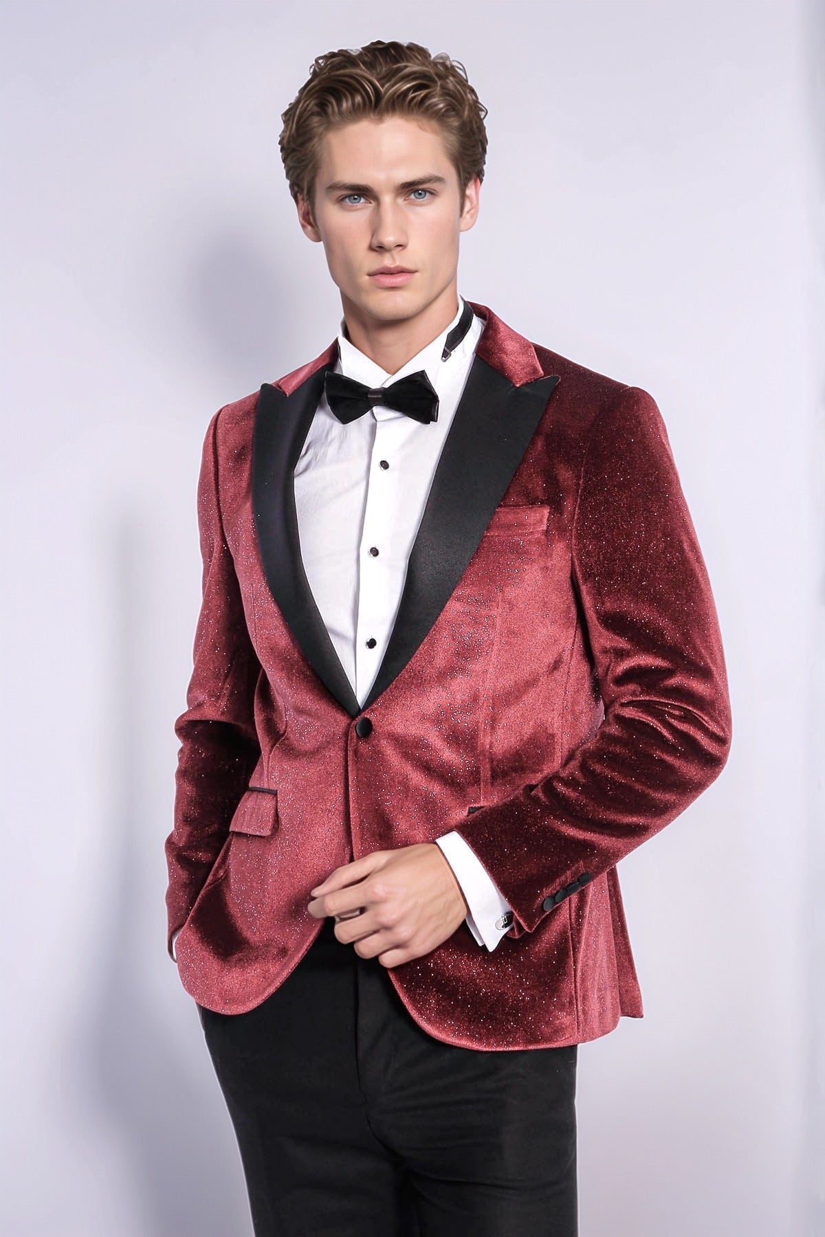 Slim Fit Velvet Burgundy Men Sparkle Tuxedo Jacket - Wessi - Luzilly Bridal & Apparel