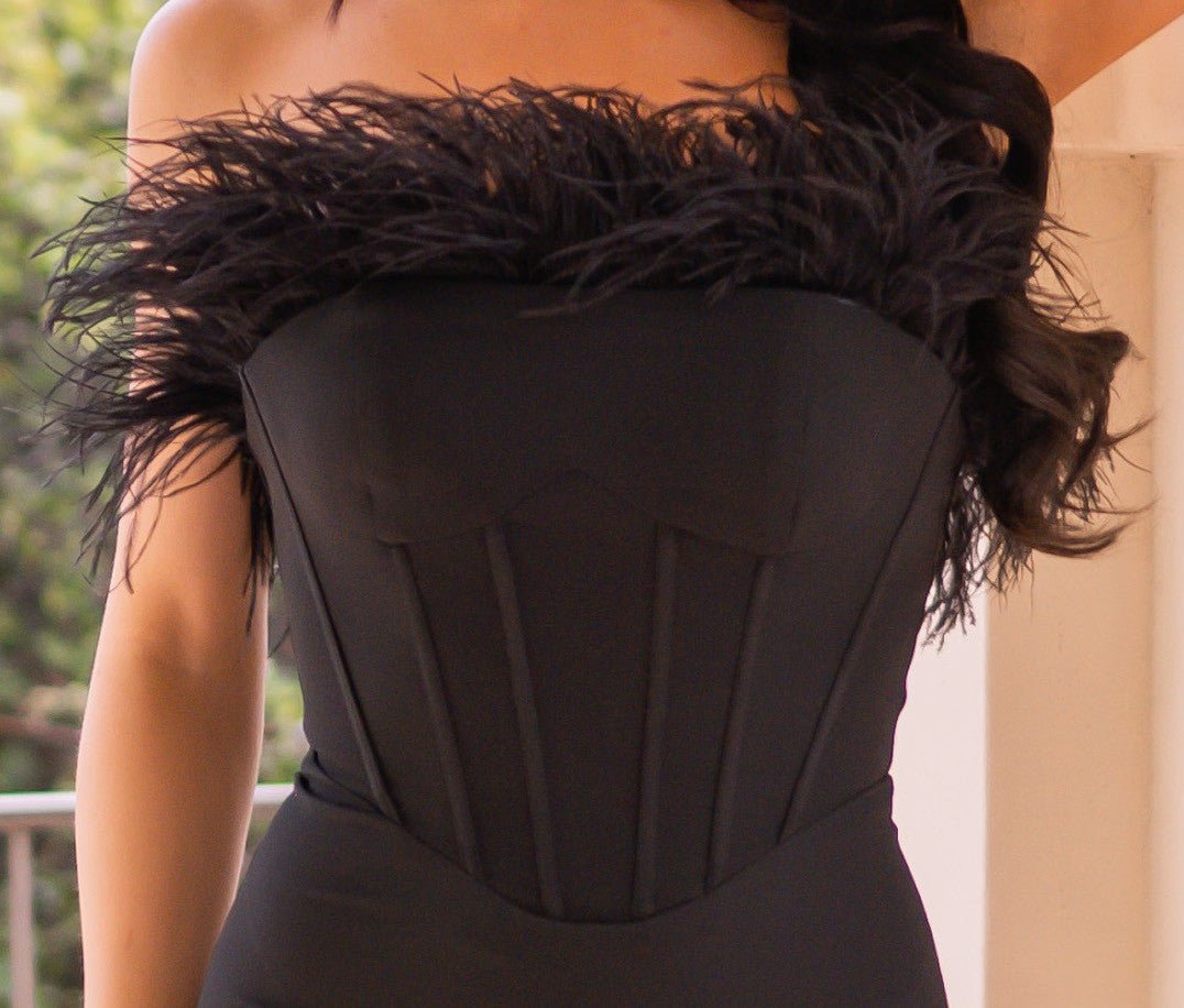 Sloane Corset Gown - Black Feather Trim Dress - Luzilly Bridal & Apparel