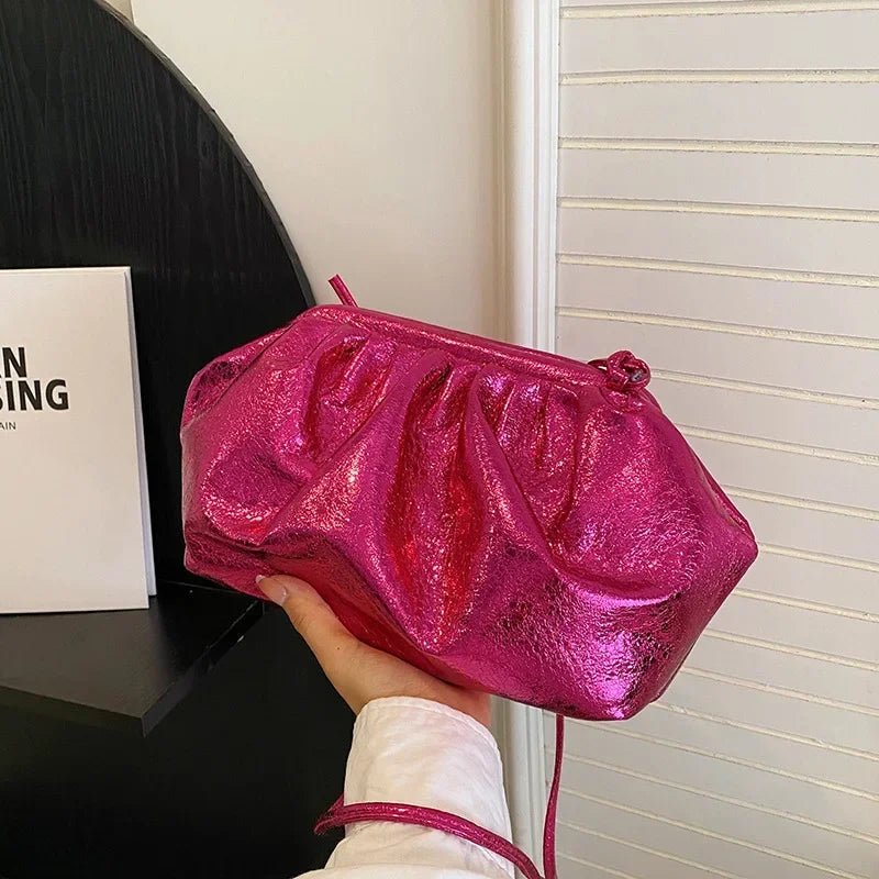 Small Luxury Design Women's Leather Silver Cloud Bag | Gold Crossbody & Ladies Party Clutch Purse (Sequined, Ruched Handbag) - Luzilly Bridal & Apparel