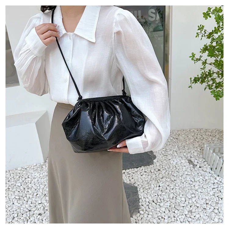 Small Luxury Design Women's Leather Silver Cloud Bag | Gold Crossbody & Ladies Party Clutch Purse (Sequined, Ruched Handbag) - Luzilly Bridal & Apparel
