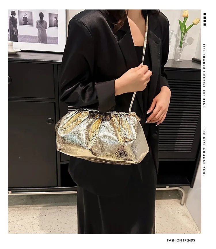 Small Luxury Design Women's Leather Silver Cloud Bag | Gold Crossbody & Ladies Party Clutch Purse (Sequined, Ruched Handbag) - Luzilly Bridal & Apparel
