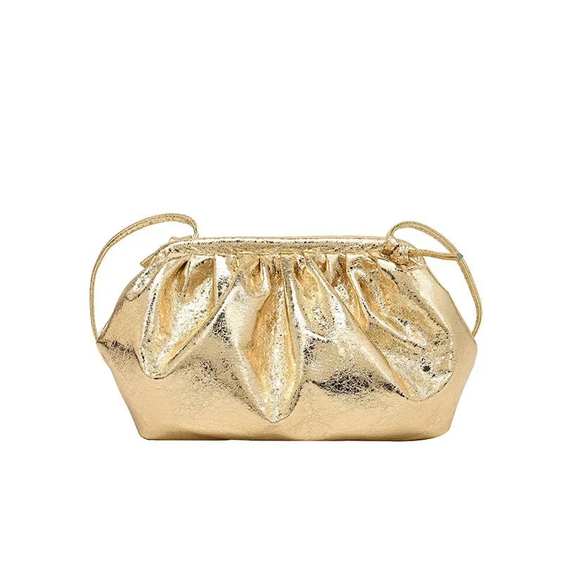 Small Luxury Design Women's Leather Silver Cloud Bag | Gold Crossbody & Ladies Party Clutch Purse (Sequined, Ruched Handbag) - Luzilly Bridal & Apparel