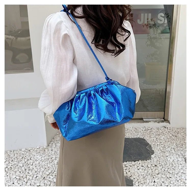 Small Luxury Design Women's Leather Silver Cloud Bag | Gold Crossbody & Ladies Party Clutch Purse (Sequined, Ruched Handbag) - Luzilly Bridal & Apparel