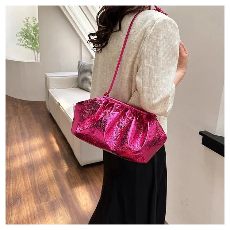 Small Luxury Design Women's Leather Silver Cloud Bag | Gold Crossbody & Ladies Party Clutch Purse (Sequined, Ruched Handbag) - Luzilly Bridal & Apparel