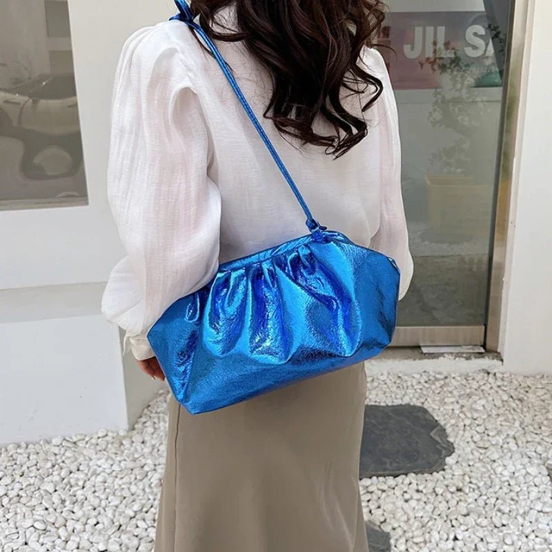 Small Luxury Design Women's Leather Silver Cloud Bag | Gold Crossbody & Ladies Party Clutch Purse (Sequined, Ruched Handbag) - Luzilly Bridal & Apparel