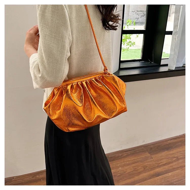 Small Luxury Design Women's Leather Silver Cloud Bag | Gold Crossbody & Ladies Party Clutch Purse (Sequined, Ruched Handbag) - Luzilly Bridal & Apparel
