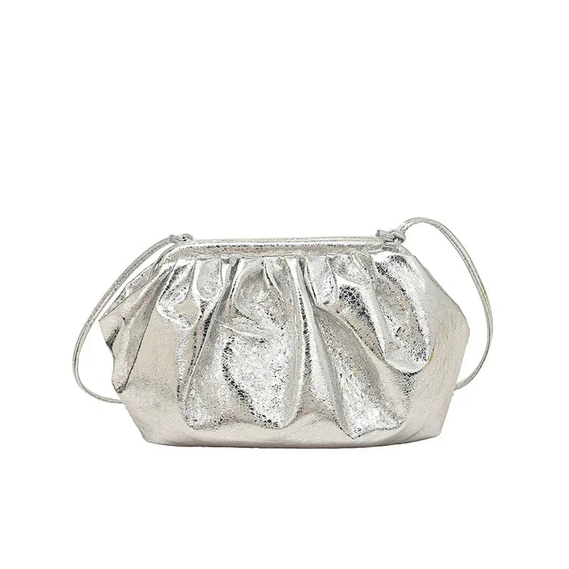 Small Luxury Design Women's Leather Silver Cloud Bag | Gold Crossbody & Ladies Party Clutch Purse (Sequined, Ruched Handbag) - Luzilly Bridal & Apparel