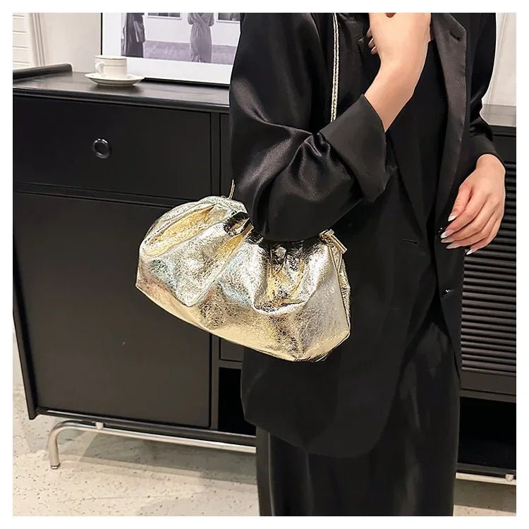 Small Luxury Design Women's Leather Silver Cloud Bag | Gold Crossbody & Ladies Party Clutch Purse (Sequined, Ruched Handbag) - Luzilly Bridal & Apparel