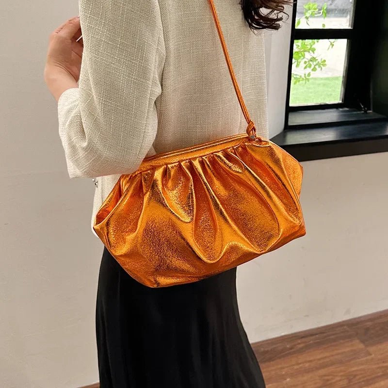 Small Luxury Design Women's Leather Silver Cloud Bag | Gold Crossbody & Ladies Party Clutch Purse (Sequined, Ruched Handbag) - Luzilly Bridal & Apparel