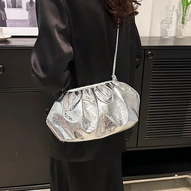 Small Luxury Design Women's Leather Silver Cloud Bag | Gold Crossbody & Ladies Party Clutch Purse (Sequined, Ruched Handbag) - Luzilly Bridal & Apparel