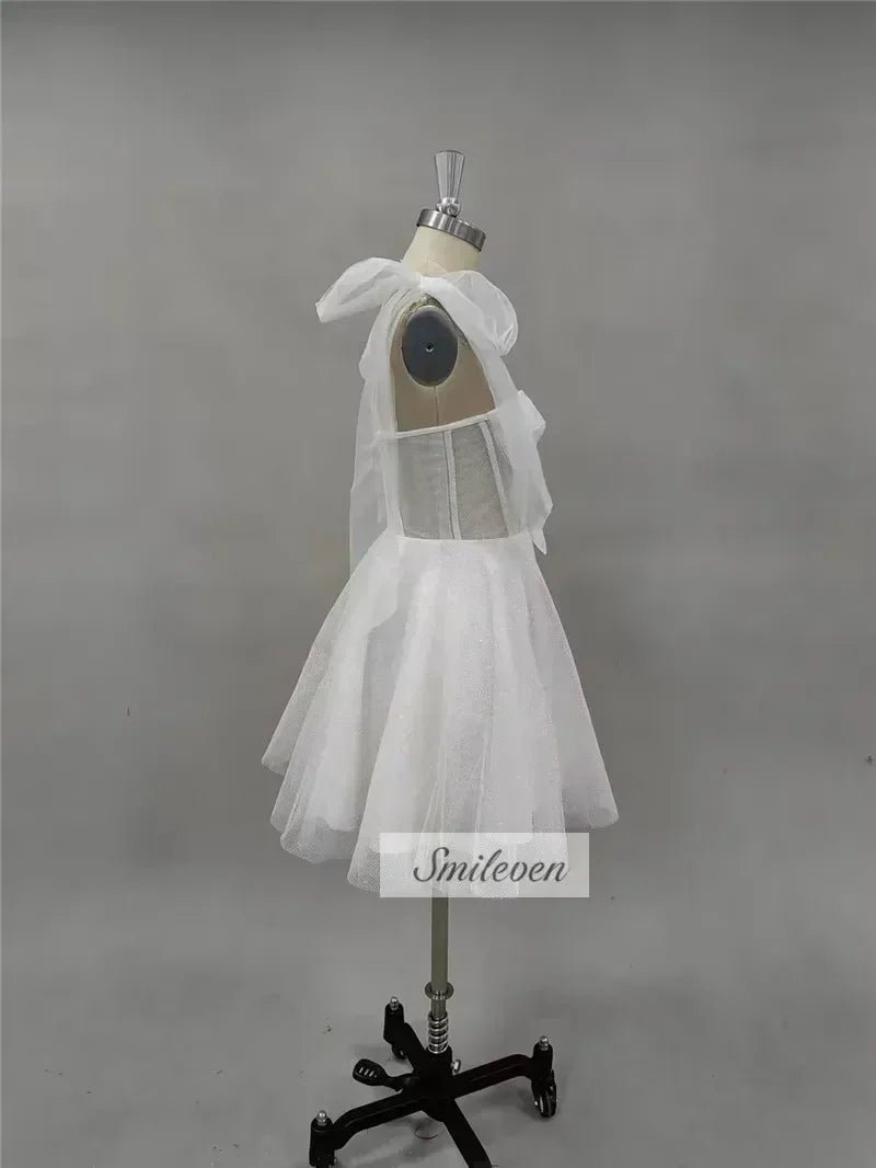 Smileven Short Wedding Dress A Line Sweetheart Neck Shiny Glitter Bride Dresses Mini Bows Strap Vestido de novia 2024 Customized - Luzilly Bridal & Apparel