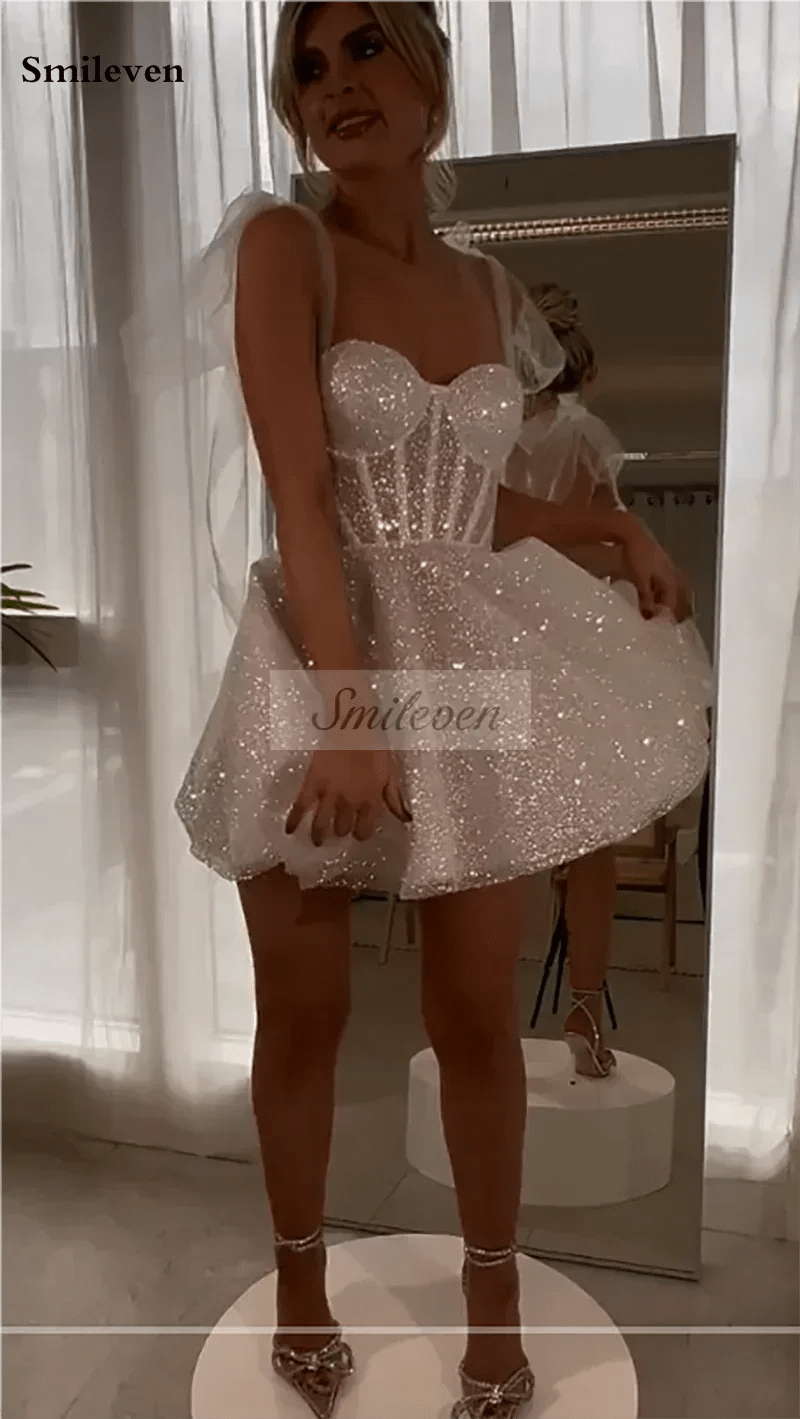 Smileven Short Wedding Dress A Line Sweetheart Neck Shiny Glitter Bride Dresses Mini Bows Strap Vestido de novia 2024 Customized - Luzilly Bridal & Apparel