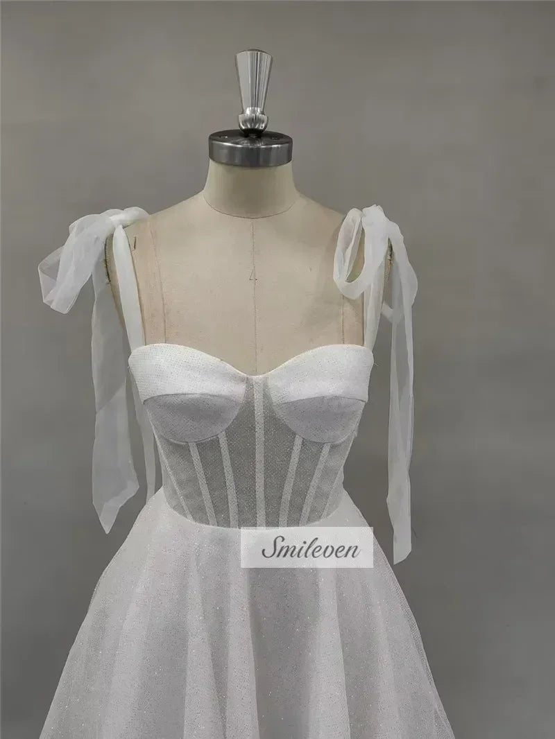 Smileven Short Wedding Dress A Line Sweetheart Neck Shiny Glitter Bride Dresses Mini Bows Strap Vestido de novia 2024 Customized - Luzilly Bridal & Apparel