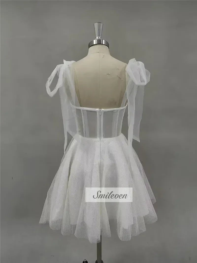 Smileven Short Wedding Dress A Line Sweetheart Neck Shiny Glitter Bride Dresses Mini Bows Strap Vestido de novia 2024 Customized - Luzilly Bridal & Apparel