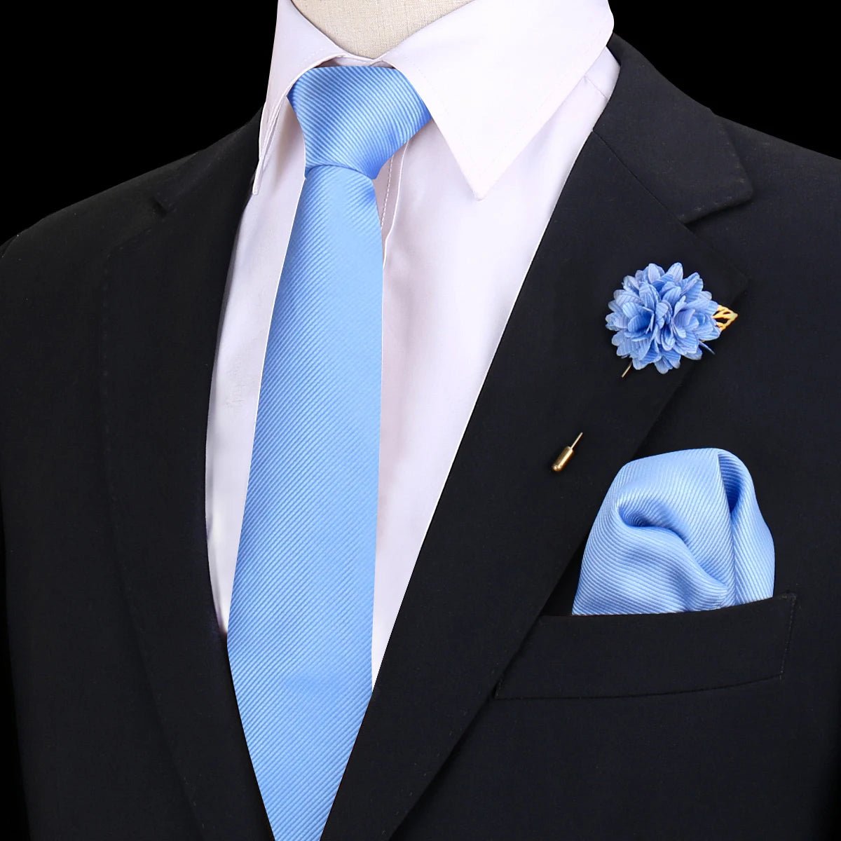 Solid Tie Set Brooch Pocket Square Silk Necktie For Man Wedding Ties Mens Classic Neckties Business Suit Pins Classic Gravats - Luzilly Bridal & Apparel