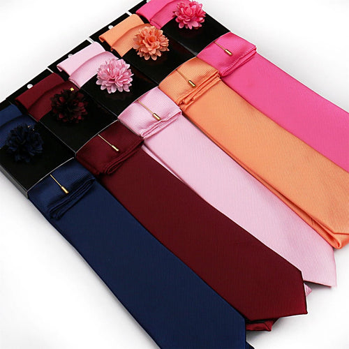 Solid Tie Set Brooch Pocket Square Silk Necktie For Man Wedding Ties Mens Classic Neckties Business Suit Pins Classic Gravats - Luzilly Bridal & Apparel