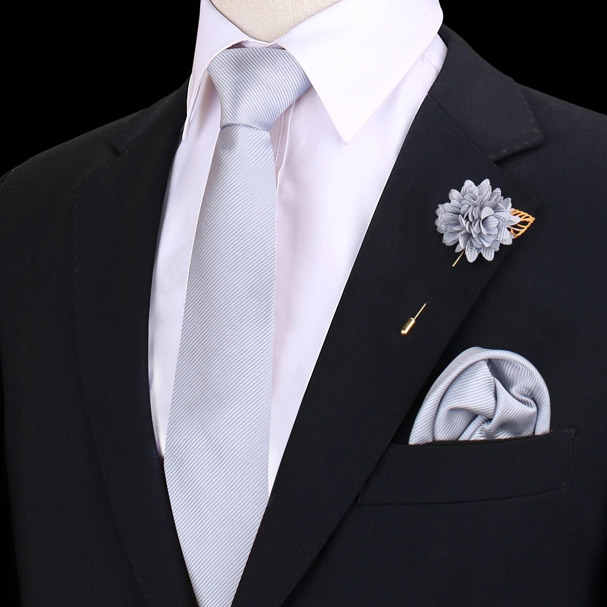 Solid Tie Set Brooch Pocket Square Silk Necktie For Man Wedding Ties Mens Classic Neckties Business Suit Pins Classic Gravats - Luzilly Bridal & Apparel