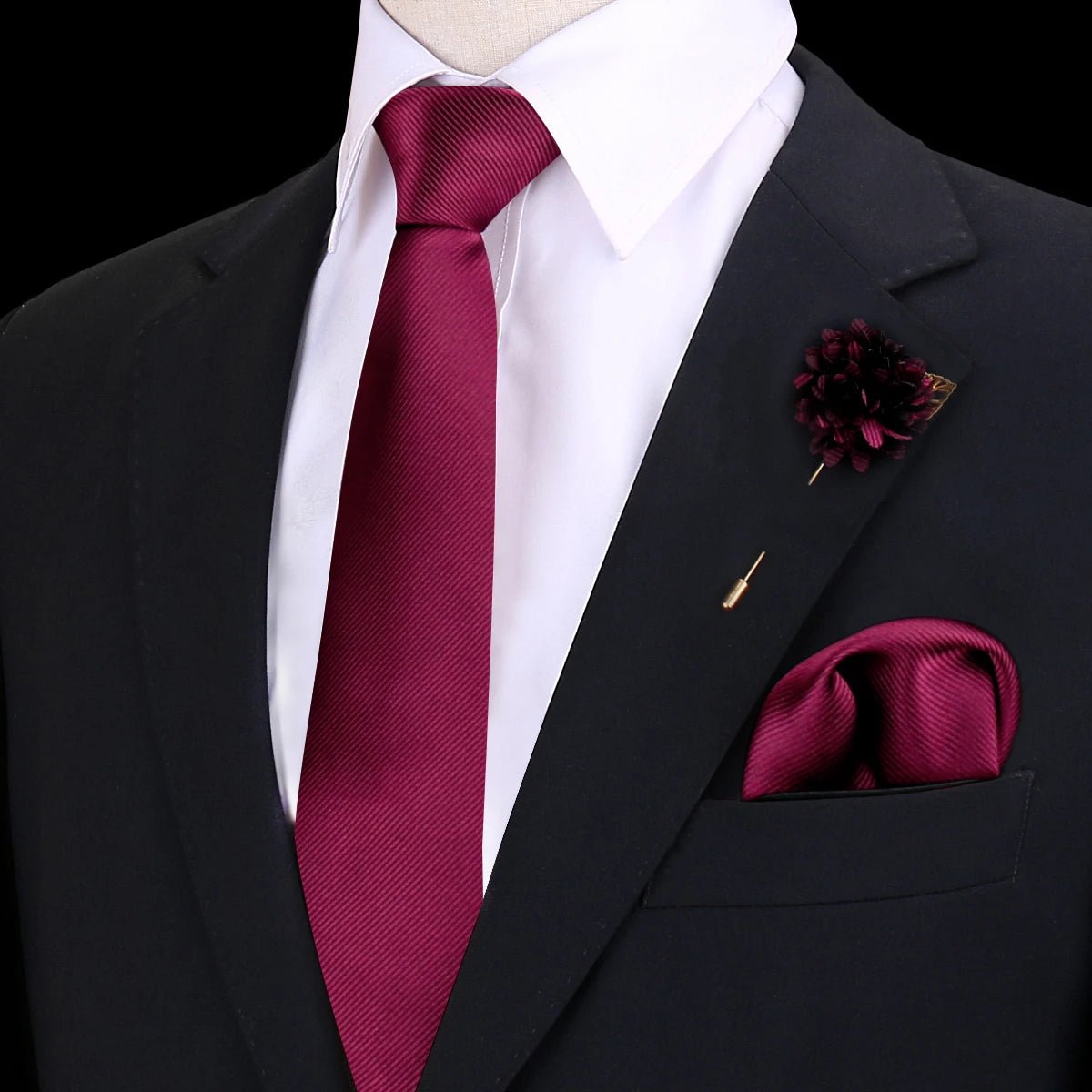Solid Tie Set Brooch Pocket Square Silk Necktie For Man Wedding Ties Mens Classic Neckties Business Suit Pins Classic Gravats - Luzilly Bridal & Apparel