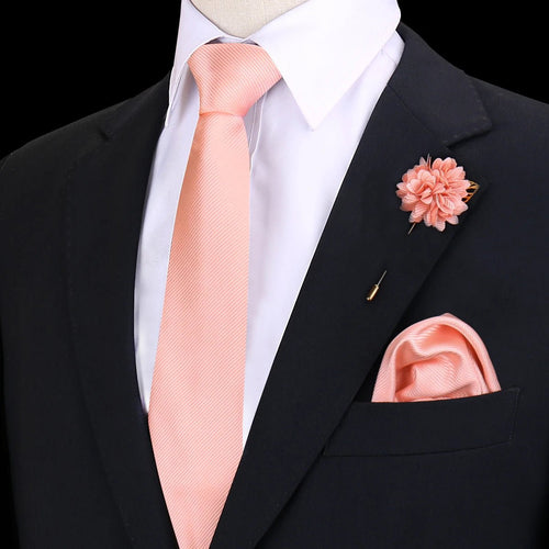Solid Tie Set Brooch Pocket Square Silk Necktie For Man Wedding Ties Mens Classic Neckties Business Suit Pins Classic Gravats - Luzilly Bridal & Apparel