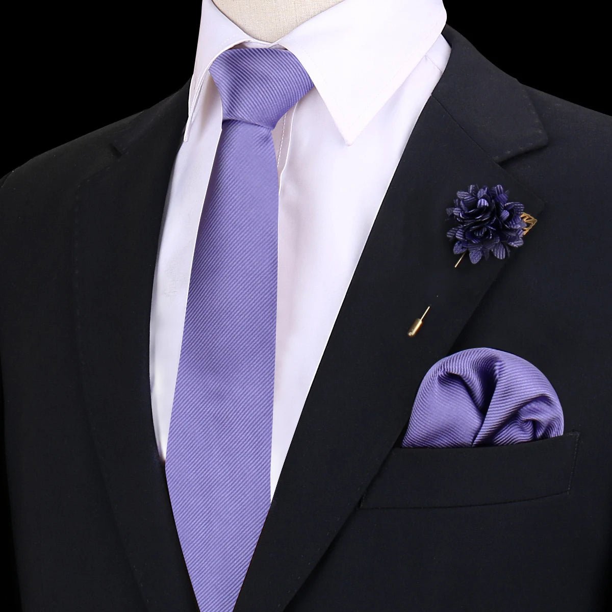 Solid Tie Set Brooch Pocket Square Silk Necktie For Man Wedding Ties Mens Classic Neckties Business Suit Pins Classic Gravats - Luzilly Bridal & Apparel