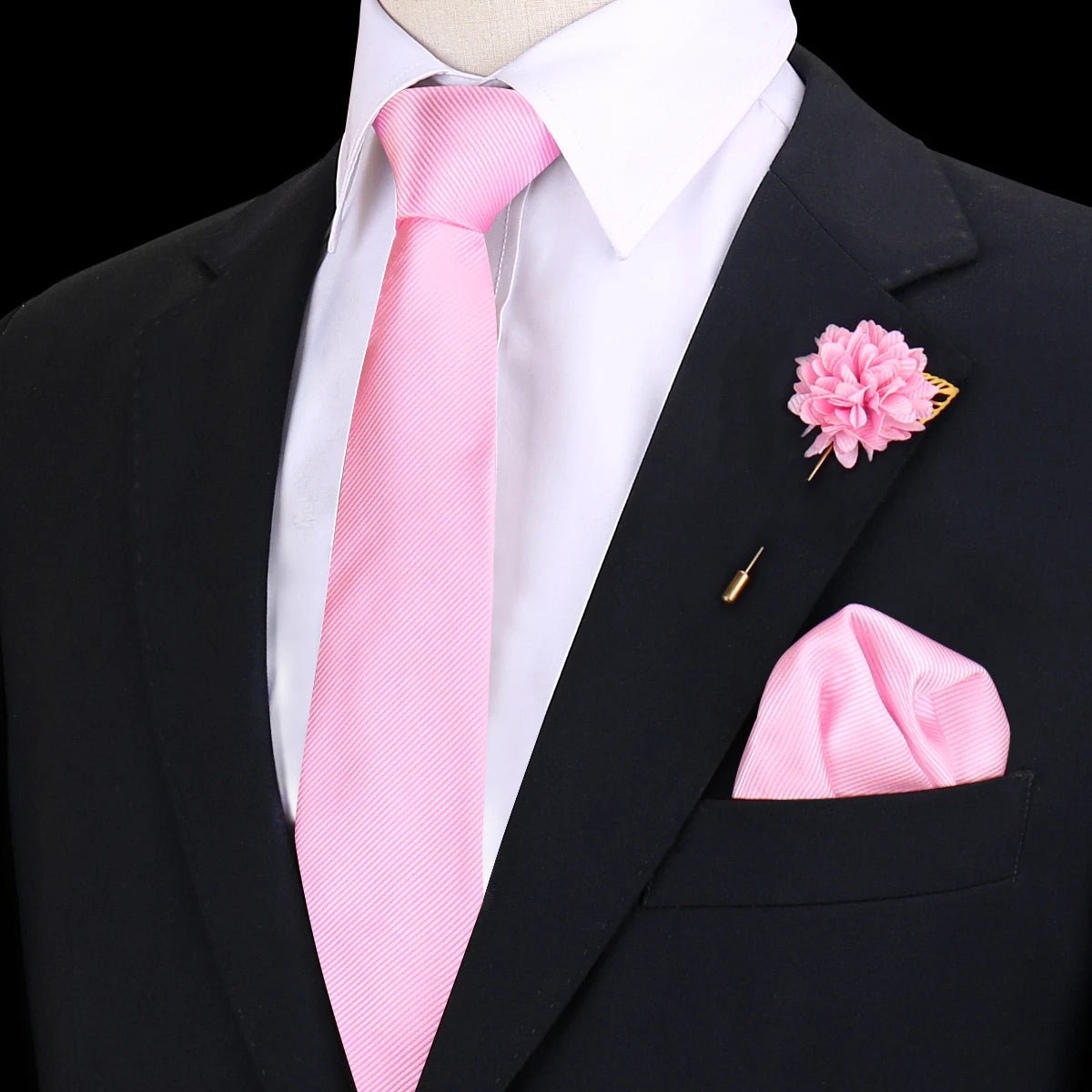 Solid Tie Set Brooch Pocket Square Silk Necktie For Man Wedding Ties Mens Classic Neckties Business Suit Pins Classic Gravats - Luzilly Bridal & Apparel