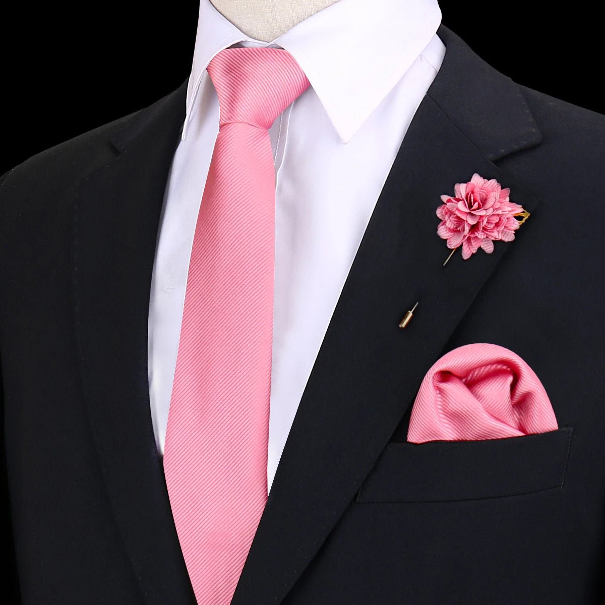Solid Tie Set Brooch Pocket Square Silk Necktie For Man Wedding Ties Mens Classic Neckties Business Suit Pins Classic Gravats - Luzilly Bridal & Apparel