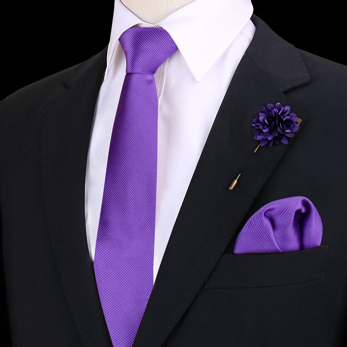 Solid Tie Set Brooch Pocket Square Silk Necktie For Man Wedding Ties Mens Classic Neckties Business Suit Pins Classic Gravats - Luzilly Bridal & Apparel