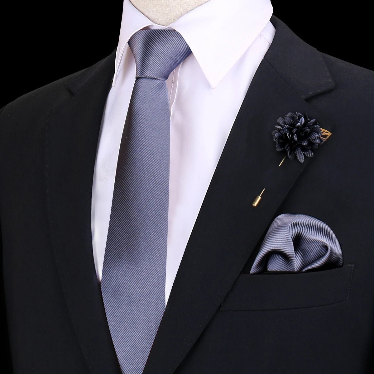 Solid Tie Set Brooch Pocket Square Silk Necktie For Man Wedding Ties Mens Classic Neckties Business Suit Pins Classic Gravats - Luzilly Bridal & Apparel