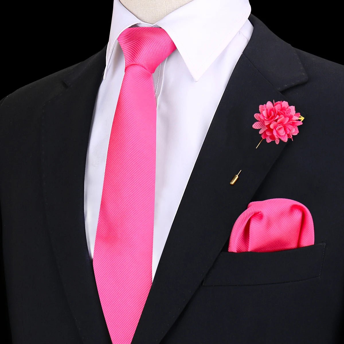 Solid Tie Set Brooch Pocket Square Silk Necktie For Man Wedding Ties Mens Classic Neckties Business Suit Pins Classic Gravats - Luzilly Bridal & Apparel