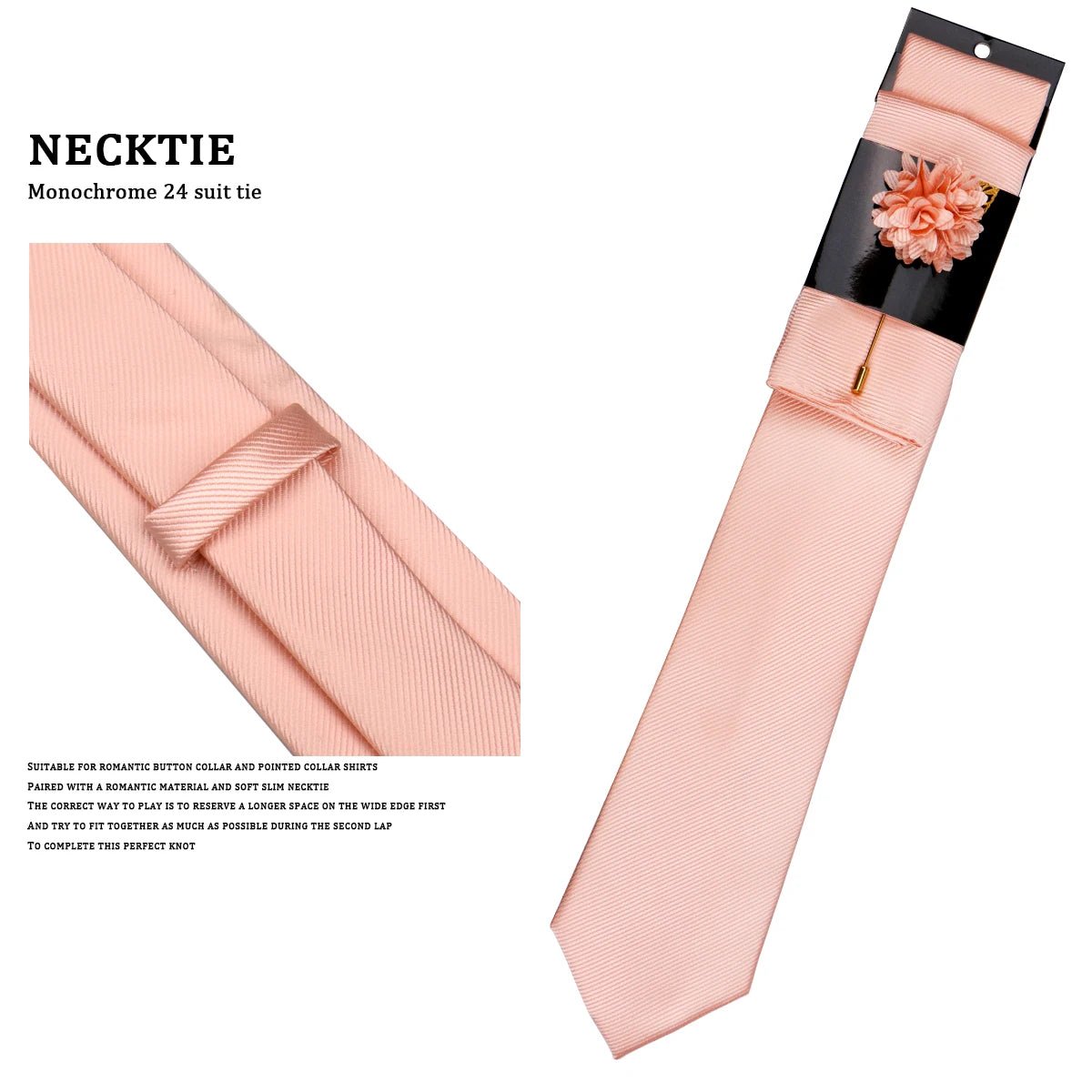 Solid Tie Set Brooch Pocket Square Silk Necktie For Man Wedding Ties Mens Classic Neckties Business Suit Pins Classic Gravats - Luzilly Bridal & Apparel