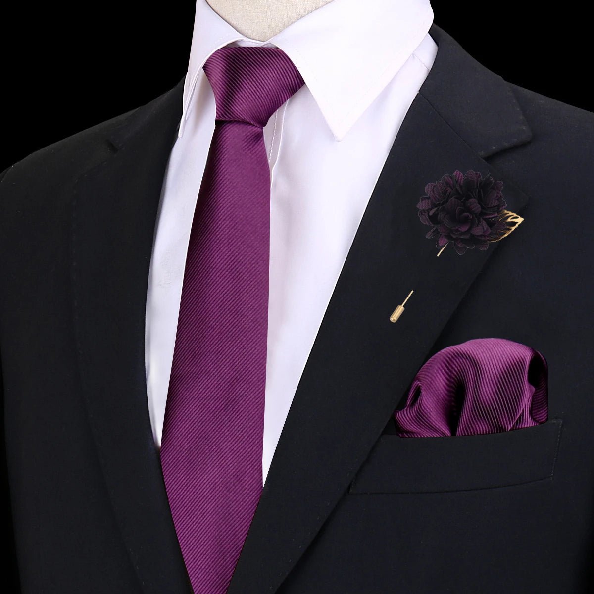 Solid Tie Set Brooch Pocket Square Silk Necktie For Man Wedding Ties Mens Classic Neckties Business Suit Pins Classic Gravats - Luzilly Bridal & Apparel