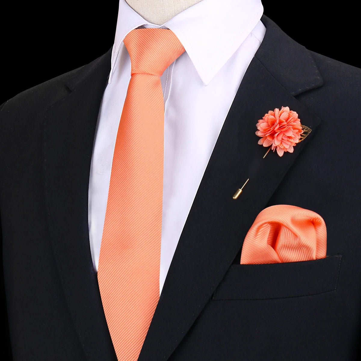 Solid Tie Set Brooch Pocket Square Silk Necktie For Man Wedding Ties Mens Classic Neckties Business Suit Pins Classic Gravats - Luzilly Bridal & Apparel