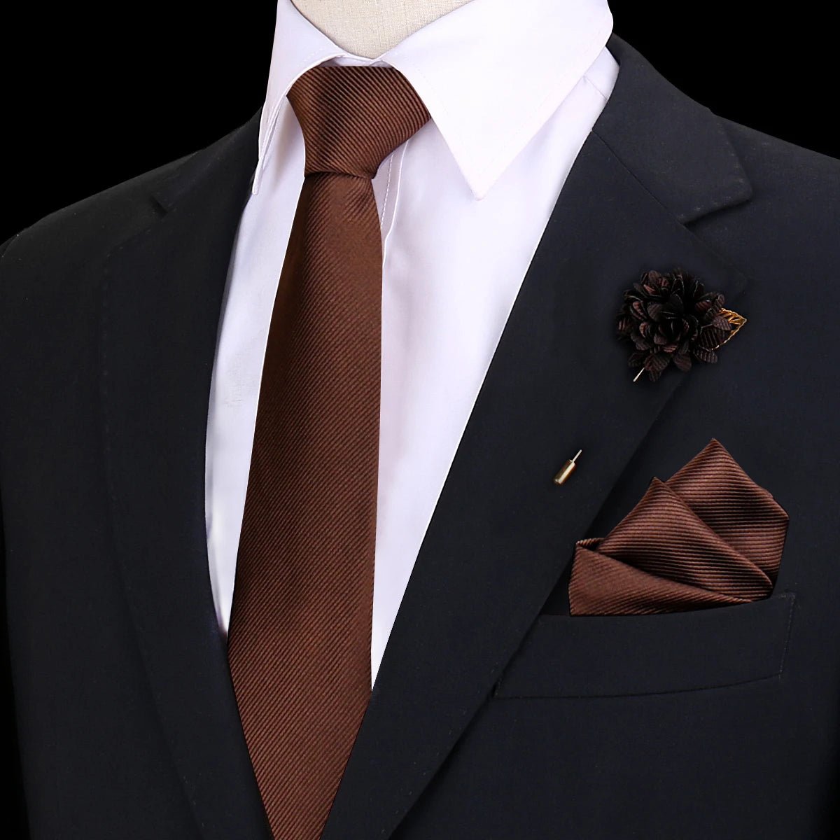 Solid Tie Set Brooch Pocket Square Silk Necktie For Man Wedding Ties Mens Classic Neckties Business Suit Pins Classic Gravats - Luzilly Bridal & Apparel