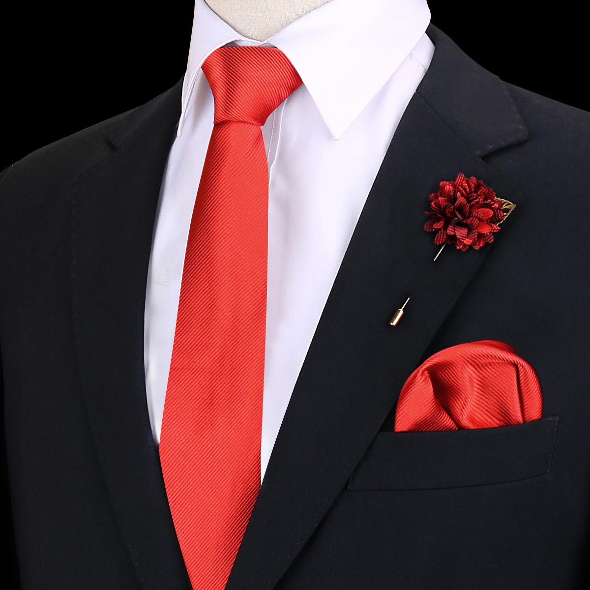 Solid Tie Set Brooch Pocket Square Silk Necktie For Man Wedding Ties Mens Classic Neckties Business Suit Pins Classic Gravats - Luzilly Bridal & Apparel