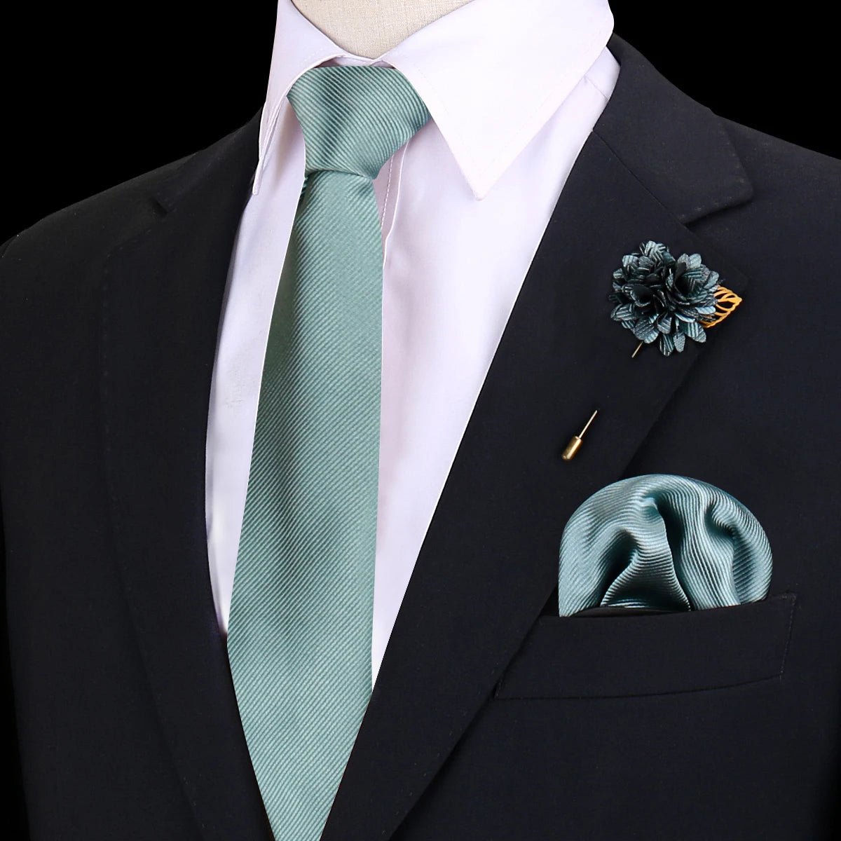 Solid Tie Set Brooch Pocket Square Silk Necktie For Man Wedding Ties Mens Classic Neckties Business Suit Pins Classic Gravats - Luzilly Bridal & Apparel