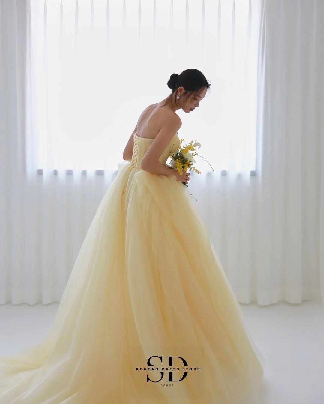 Sondr 2025 New Korean Wedding Dresses Light Yellow Soft Tulle Bridal Wedding Snap Dresses Customized Luxury Women Party Dresses - Luzilly Bridal & Apparel