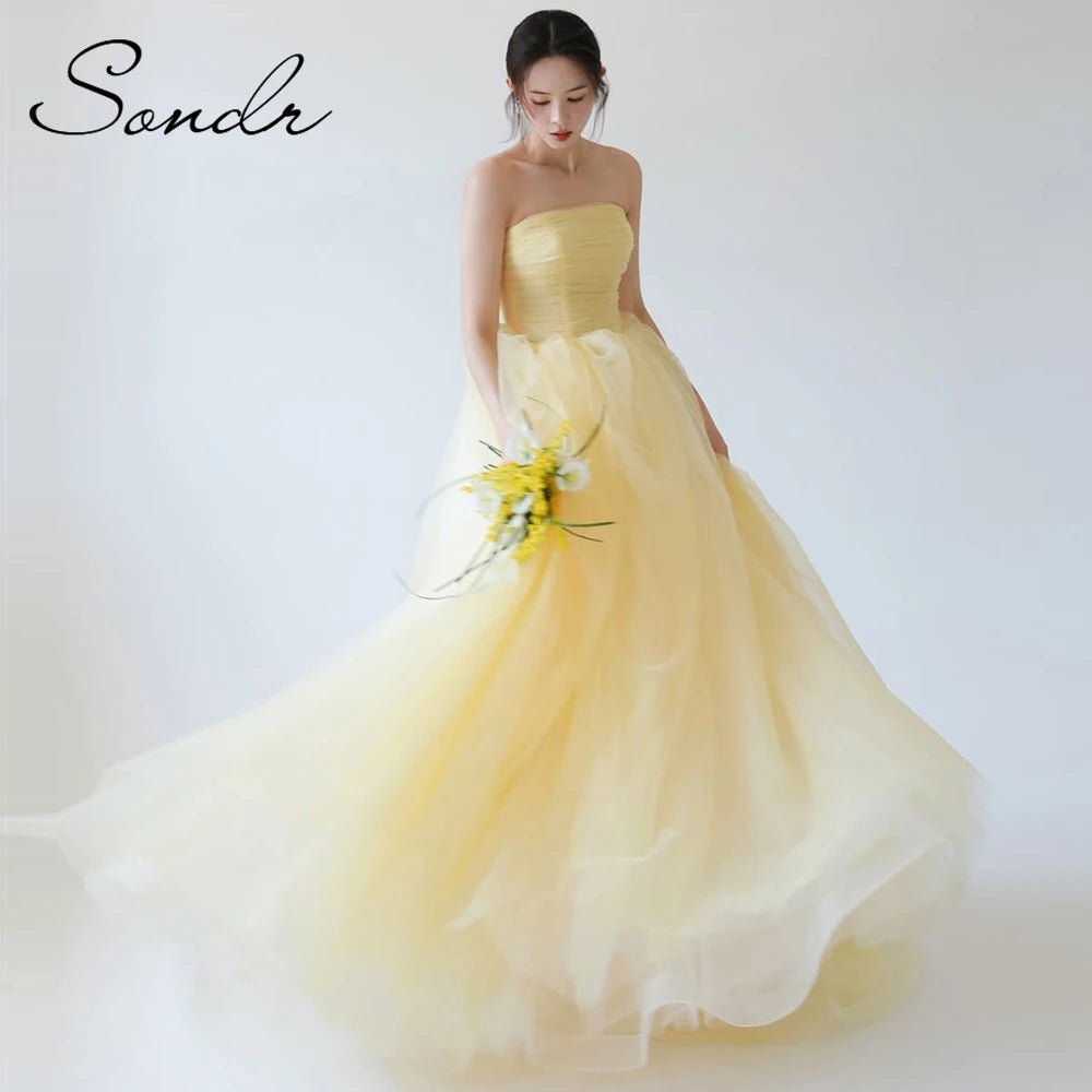 Sondr 2025 New Korean Wedding Dresses Light Yellow Soft Tulle Bridal Wedding Snap Dresses Customized Luxury Women Party Dresses - Luzilly Bridal & Apparel