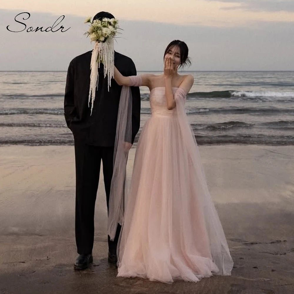 Sondr Baby Pink Bridal Wedding Snap Dresses Korean Style Soft Tulle Strapless Corset Outdoor Wedding Reception Dress Party Gown - Luzilly Bridal & Apparel