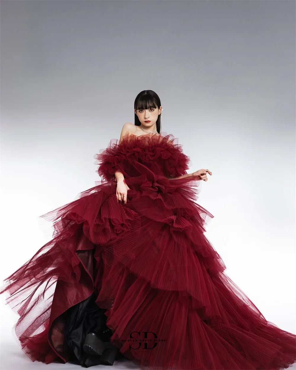 Sondr Luxury Japanese Wedding Dresses Red Tiered Tulle Bridal Gown Customized Wedding Snap Dresses Evening Party Gown for Women - Luzilly Bridal & Apparel