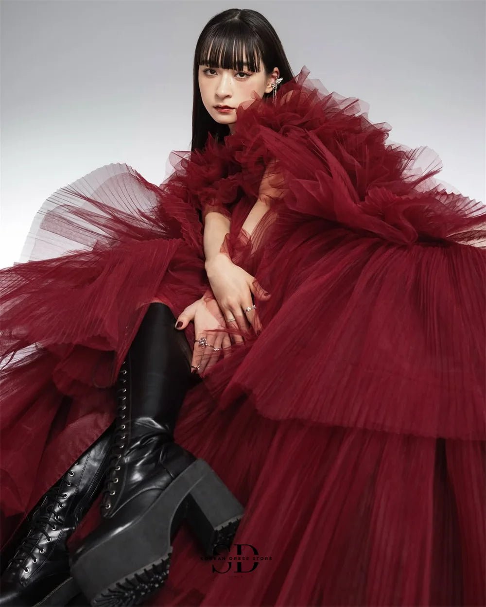 Sondr Luxury Japanese Wedding Dresses Red Tiered Tulle Bridal Gown Customized Wedding Snap Dresses Evening Party Gown for Women - Luzilly Bridal & Apparel
