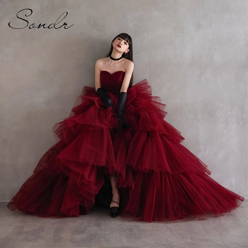 Sondr Luxury Japanese Wedding Dresses Red Tiered Tulle Bridal Gown Customized Wedding Snap Dresses Evening Party Gown for Women - Luzilly Bridal & Apparel